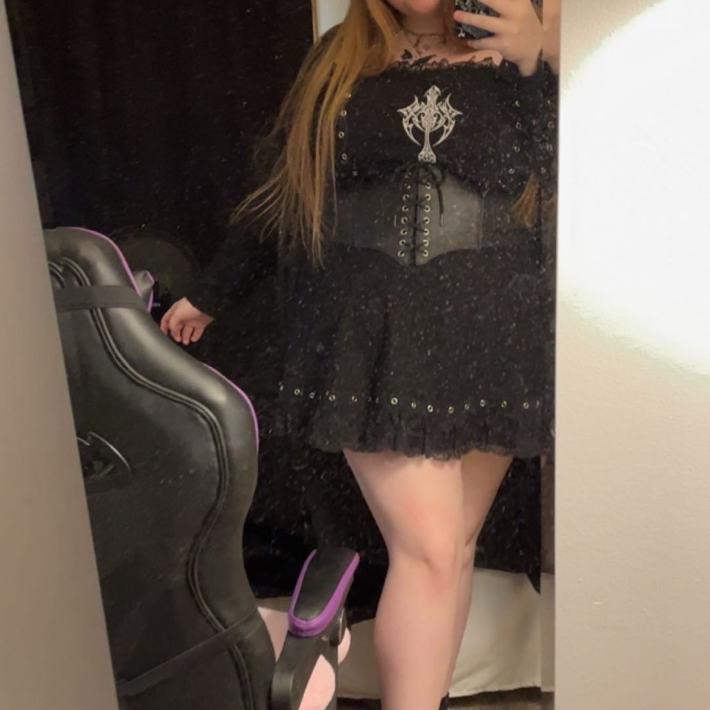 Black Lace Trim Dress with Embroidered Cross